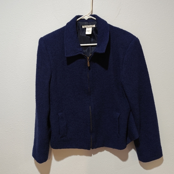 Vintage Jillian Jones Wool Blend Jacket Size 12 90s Full Zip Textured Navy Blue - Picture 1 of 6